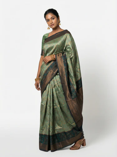 Art Silk Saree with Floral Border and Bottle Green Golden Butta Blouse Piece